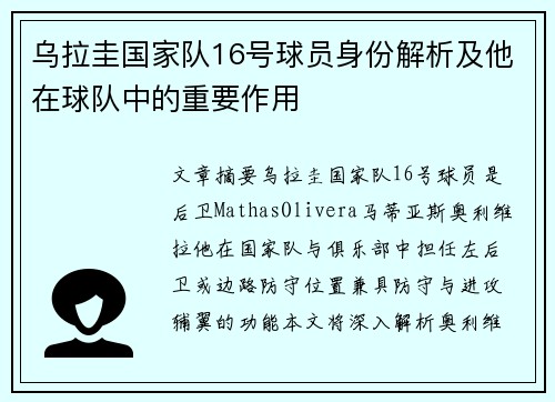 乌拉圭国家队16号球员身份解析及他在球队中的重要作用